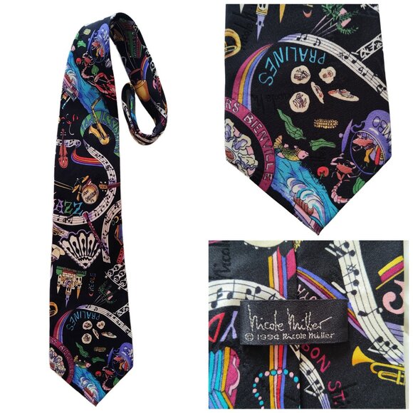 Vintage 1990s Nicole Miller New Orleans Themed 100% Silk Tie Novelty Print - Picture 1 of 6